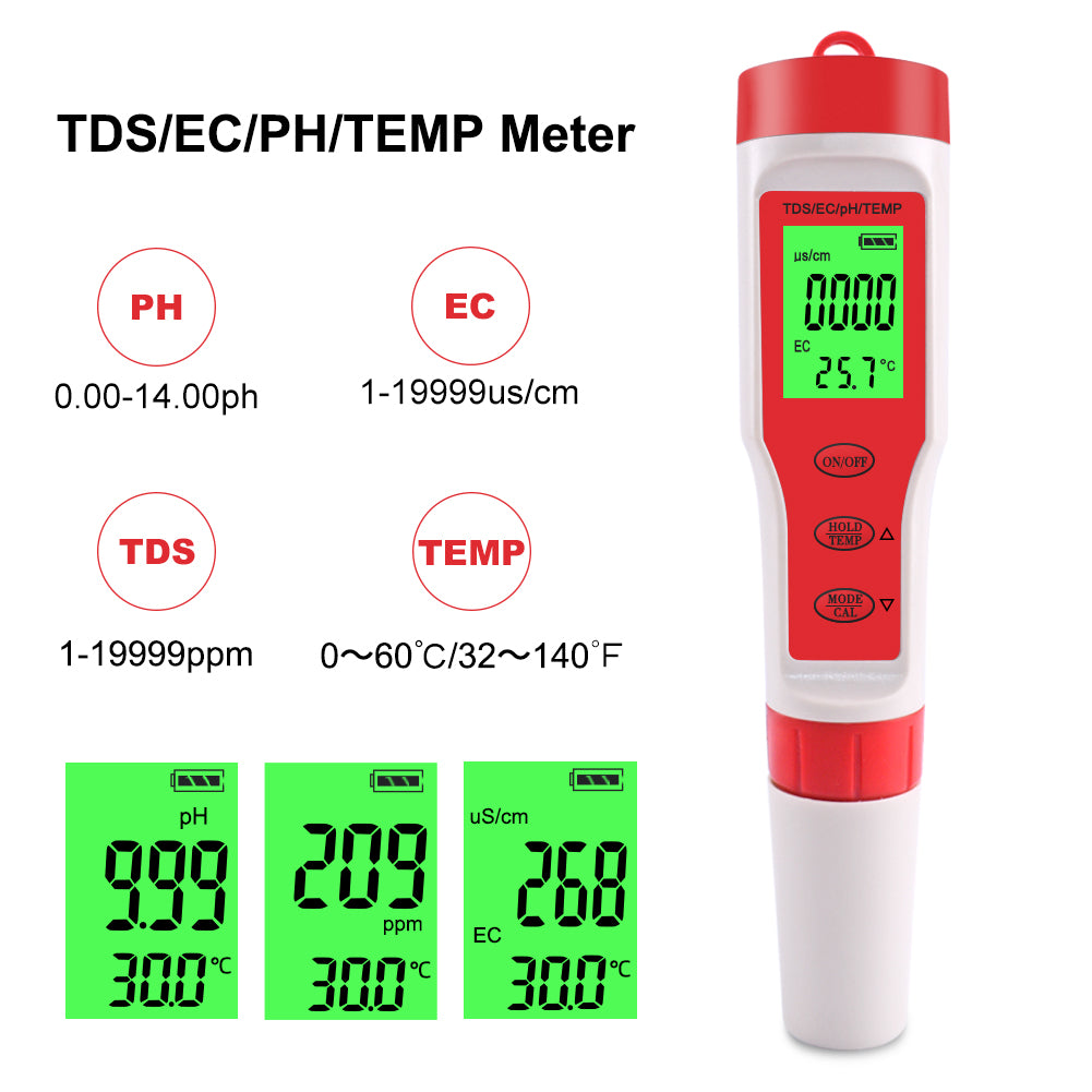 4-in-1 Multifunctional PH/EC/TDS/Temp Meter Portable Water Quality Digital Backlit Tester Pen (without Battery) 4-in-1 Multifunctional PH/EC/TDS/Temp Meter Portable Water Quality Digital Backlit Tester Pen (without Battery)